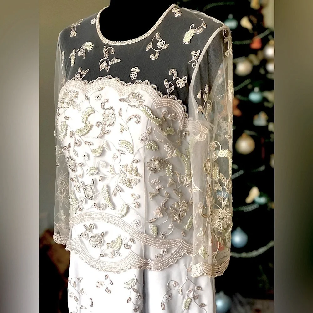 Montage Mon Cheri Gown Baby Blue Light Gray Long Sleeve Beaded Illusion MOB - Picture 3 of 17